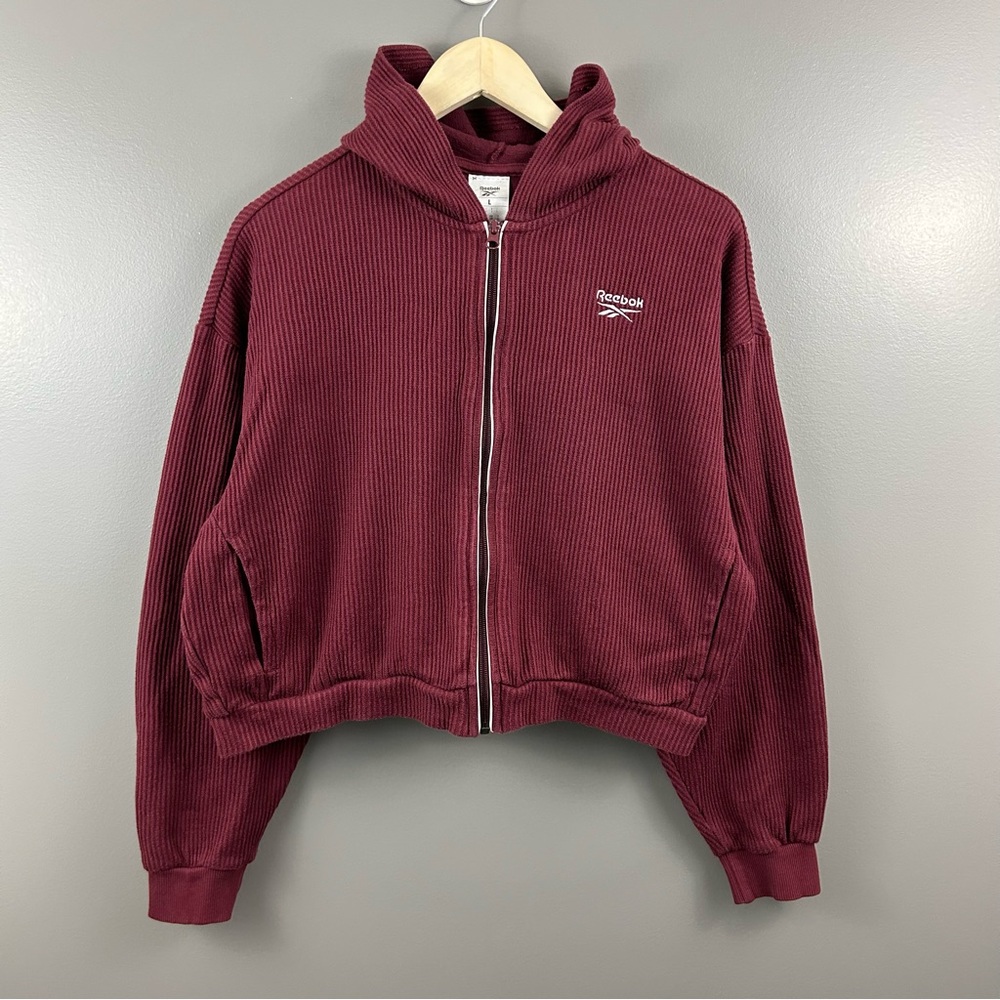 Reebok Burgundy Ribbed Cropped Hoodie Size Large - Picture 2 of 13